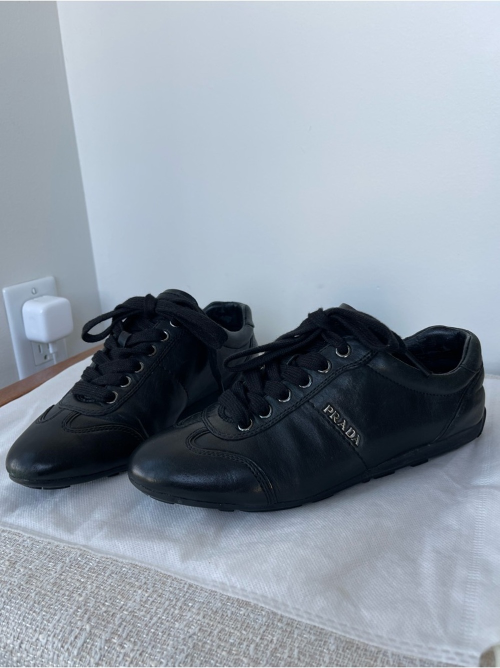 Prada Montecarlo Logo Plaque Black Leather Low-Top Lace Up Trainers 35.5 - Picture 13 of 15